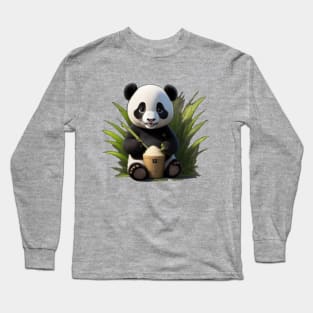 Cute baby panda sitting eating bamboo Long Sleeve T-Shirt